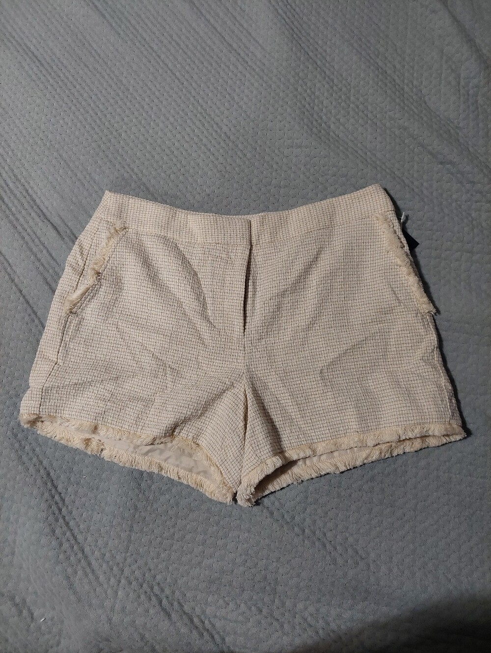 Kaari Blue High-Waist Cream Textured Frayed-Hem Women's Shorts
